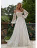 Beaded Ivory Lace Tulle Fairytale Wedding Dress With Detachable Sleeves